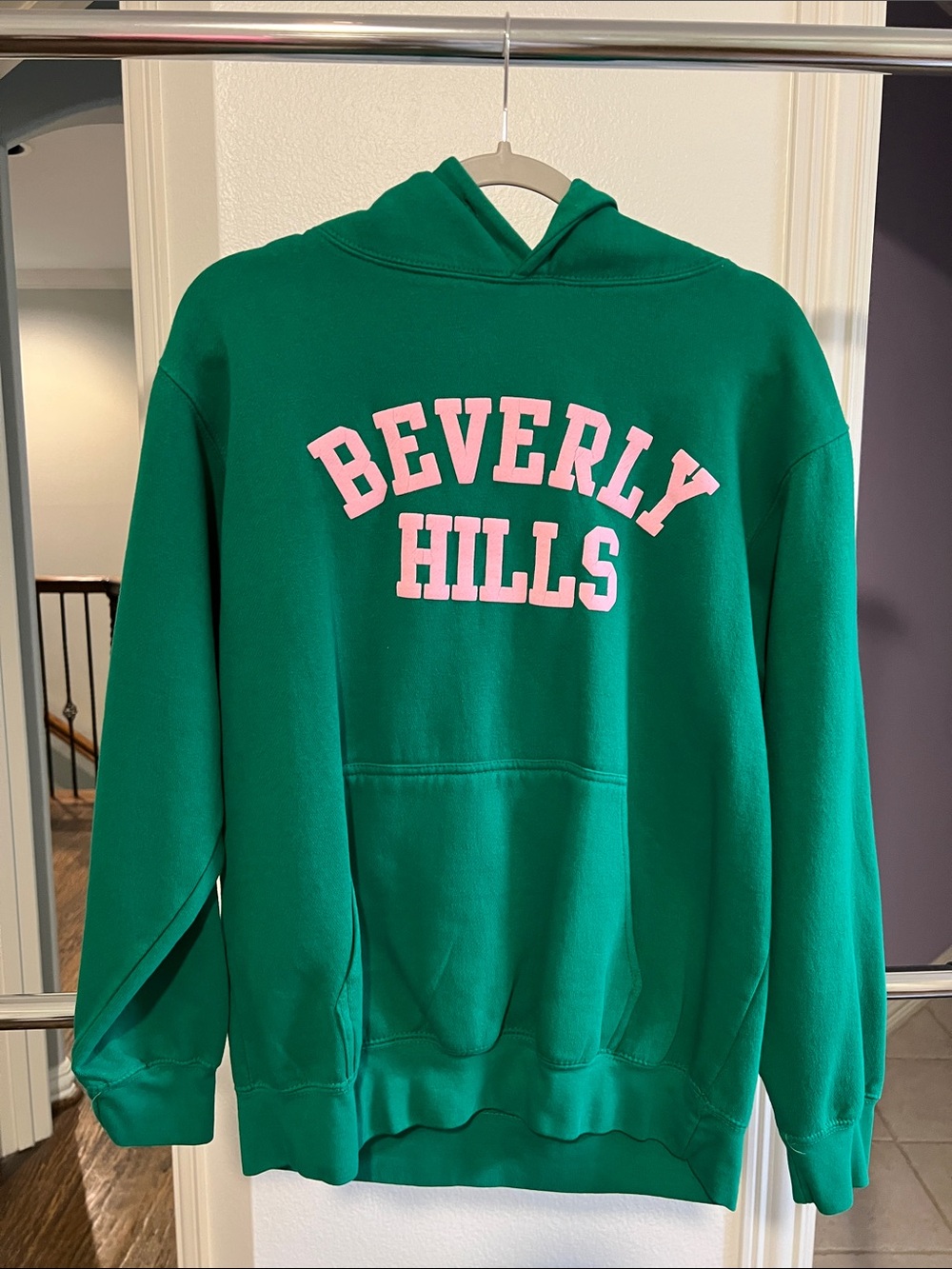 Green Beverly Hills Hoodie with Pink Lettering by Ingrid Whitman
